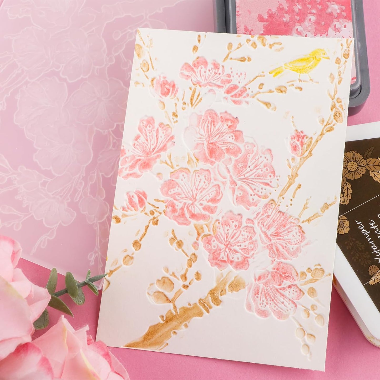 BAOFALI 3D Cherry Plum Blossom Embossing Folders for Card Making,Plastic Texture Fades Embossing Template Paper Card Embossing Stencil for DIY Scrapbooking Photo Album Card Paper Craft Decoration