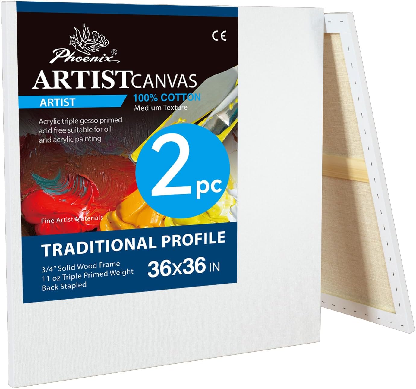 PHOENIX 36x36 Inch 2 Pack Artist Canvas - Extra Large Square Stretched Canvases for Painting - 3/4 Inch Profile, 100% Cotton 11 Oz. Gesso Primed White Blank Professional Canvas Oil & Acrylic Paints