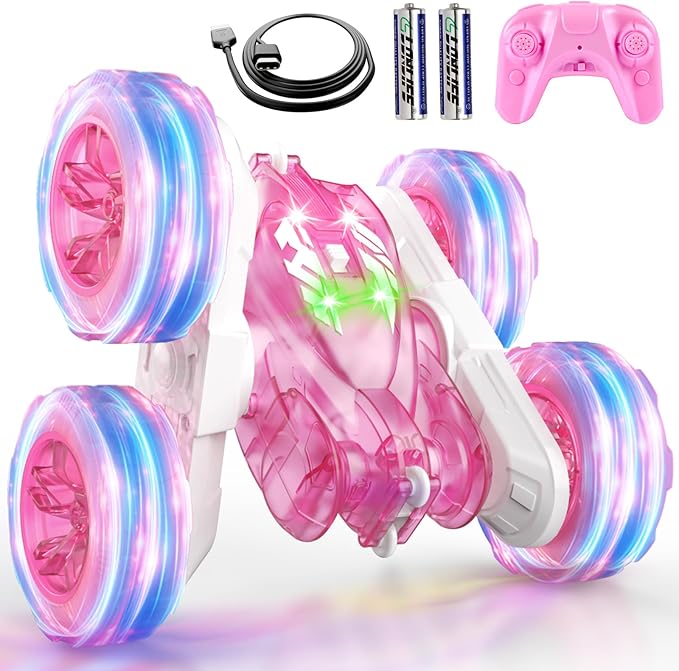 Pink Remote Control Car for Girls Rechargeable Fast Direct Charging RC Cars For Kids with Colorful Light,Double-Sided 360° Rotating Stunt Car 4WD RC Truck Toys for Ages 5-7 Gift for Girls Aged 6-12