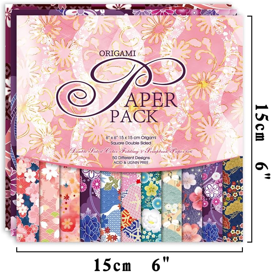 Origami Paper Kit 50 Sheets 70GSM 6 Inch Square Double Sided Color 50 Vivid Japanese Washi Chiyo Colors for Hand Crafts Origami Paper Arts Creativity.Japanese Sakuras