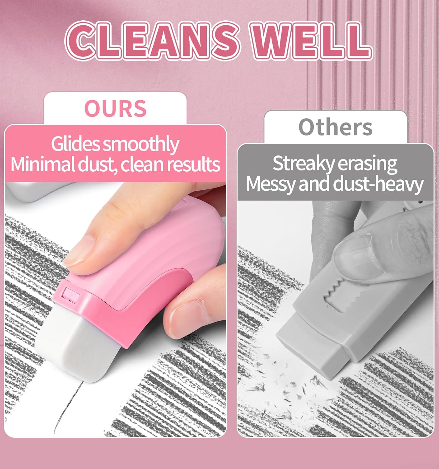 4+1 Pack Rubber Erasers Sliding Retractable Eraser, Large White Erasers for School Office Art Drawing Pencil Eraser for Kids- Pink