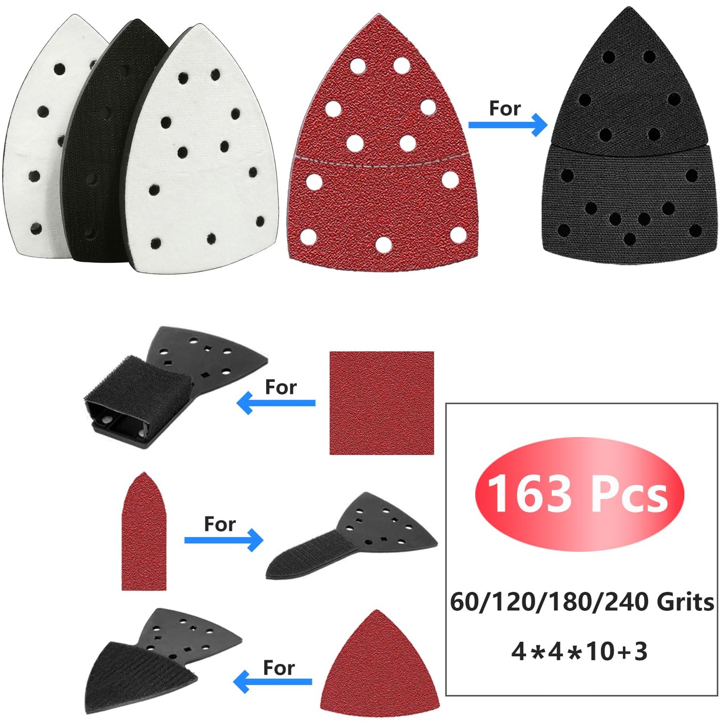 160pcs Mouse Sander Sandpaper and 3pcs Sanding Interface Pad, Detail Sander Sanding Sheets, Sanding Paper 60-240 Grit