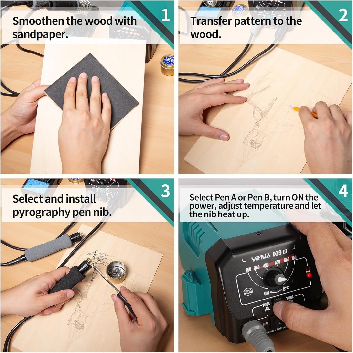 YIHUA 939 III Dual Pen Pyrography Station 2-in-1 Wood-Burning Tool with Two Wood-Burning pens 250-750°C Temperature Adjustable 20 Detailer nibs and 7 Essential Accessories and Tools Included