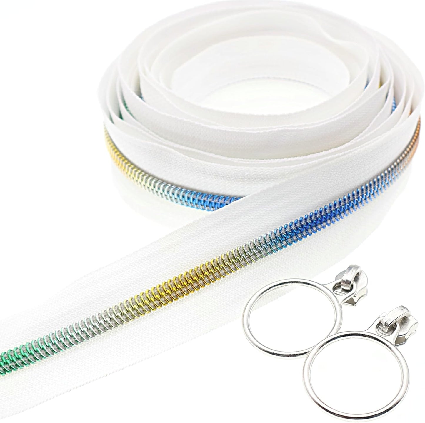 Leekayer #5 Rainbow Teeh Metallic Nylon Coil Zippers by The Yard Bulk 10 Yards White Zipper Tape with 25pcs Silver Ring Pull Sliders for DIY Sewing Tailor Craft Bag(White)
