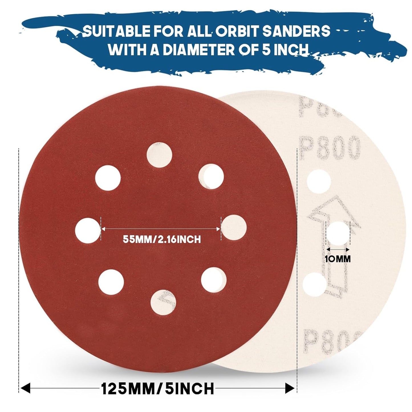 5 Inch 8 Hole Sanding Discs, 150 PCS 800 Grit Hook and Loop Sandpaper, Round Aluminum Oxide Sand Paper Discs for Random Orbital Sander