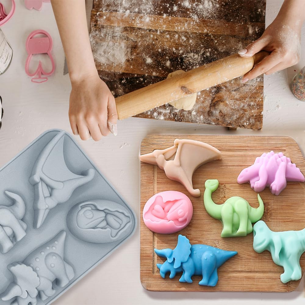 2 Pack Dinosaur Molds Silicone 6 Cavity 3D Dinosaur Themed Baking Mould Tray DIY Baking Tool for Kid's Cartoon Dino Chocolate Cake Topper Dessert Mousse Pastry Handmade Soap Crayons