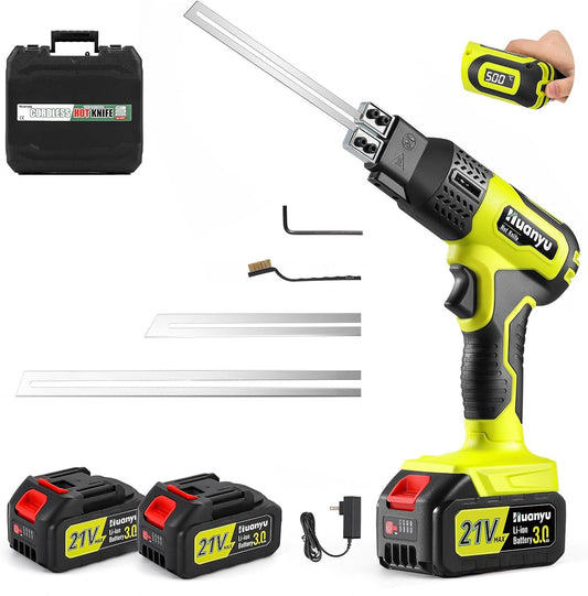 Huanyu Cordless Hot Knife with Temperature Display 100W Max 500℃ 3.0Ah Battery Powered Air Cooling Cutting Tool 2 Blades 4"+6" Set Electric Hot Knife for Styrofoam, Rope, Fabric, Acrylic