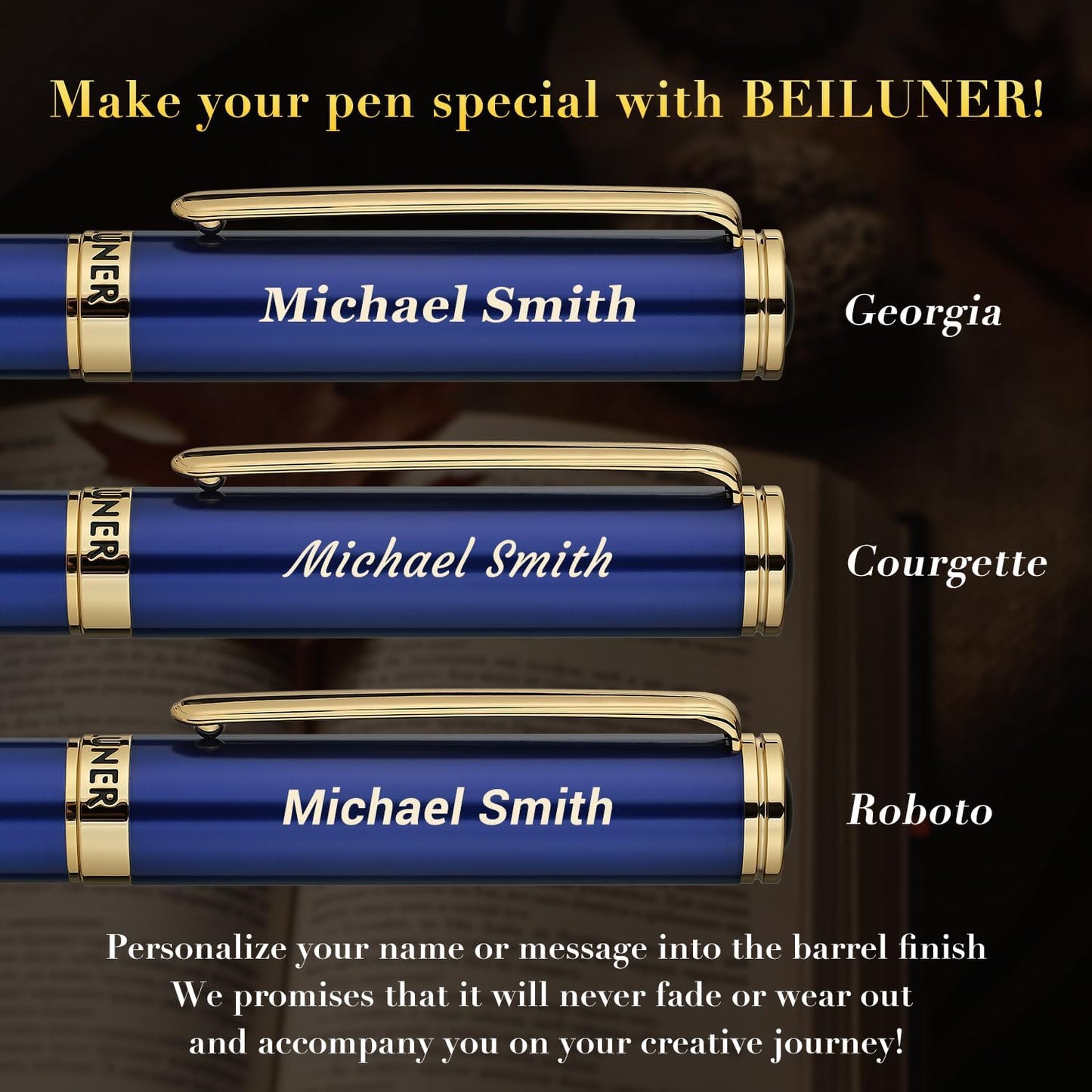 BEILUNER Blue Personalized Pen,Stunning Luxury Lacquer With 24K Gold,Schneider Ink Refills,Multiple Fonts To Custom Rollerball,Gift Pen For Men & Women,Executive,Graduation,Christmas,Nice Fancy Pens