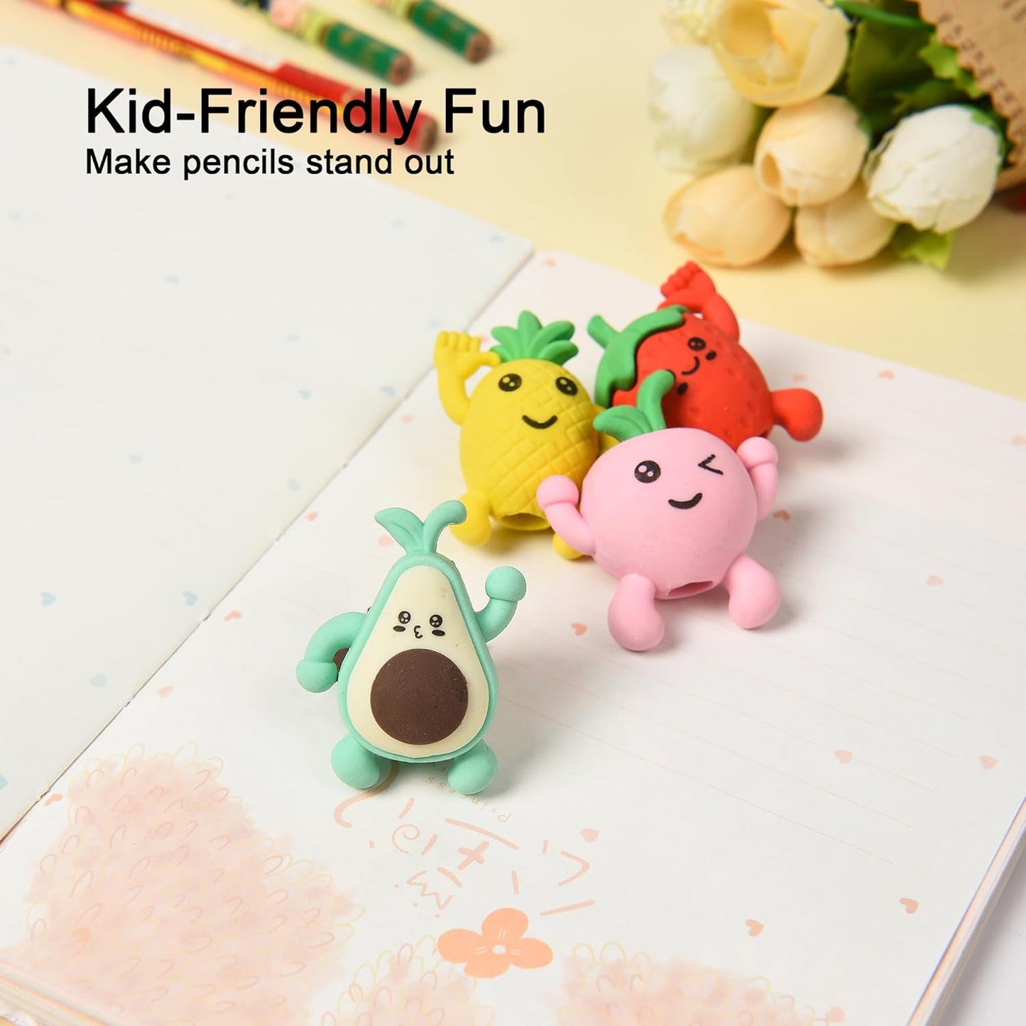 HILAZA 16Pcs Pencil Top Erasers for Kids, 3D Cute Fruit Pencil Toppers, Bulk Fun Pencil Cap Easters for School Classroom Supplies Prize Gifts Party Favors