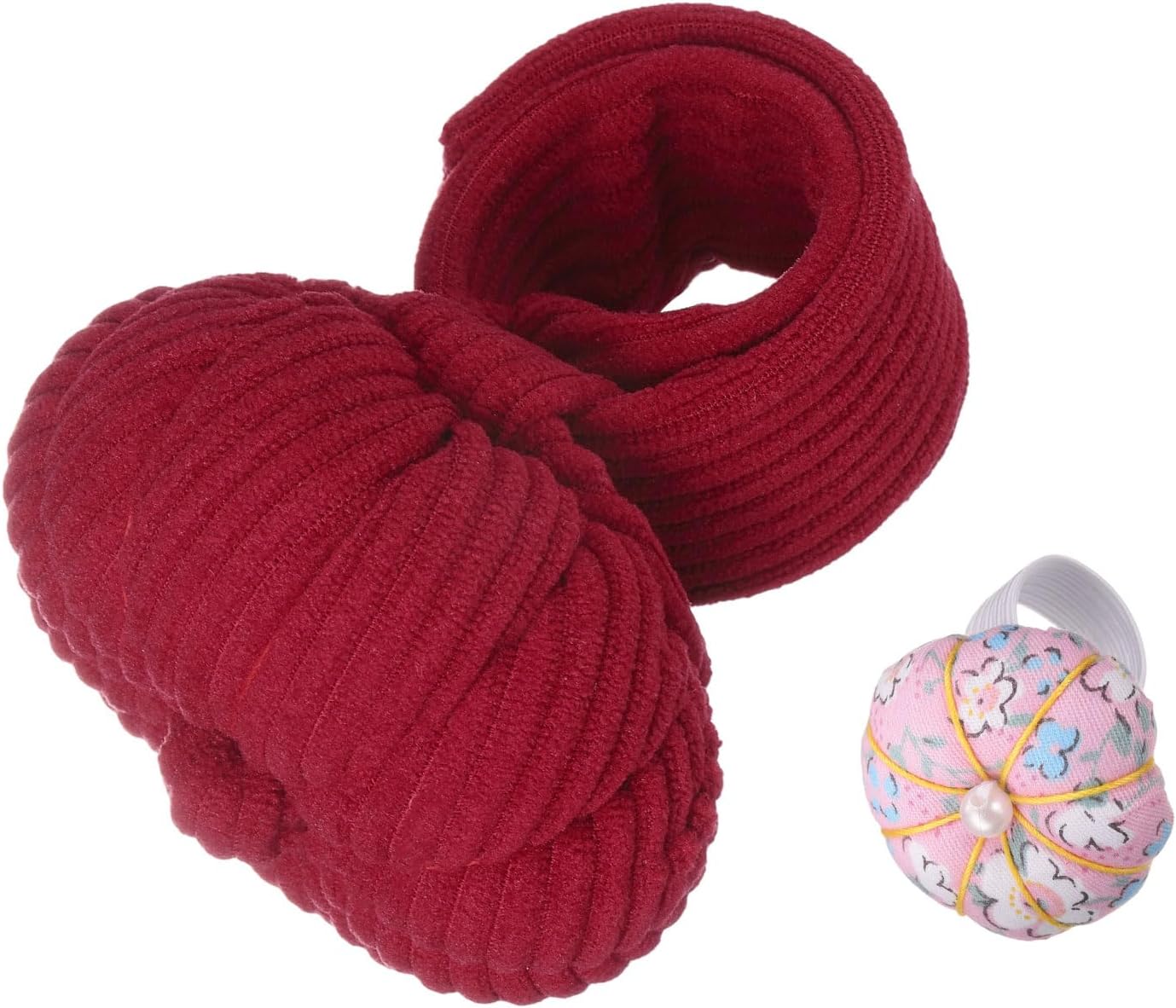 HARFINGTON Wrist Pin Cushions, Sewing Needle Pin Cushion Adjustable Strap with Elastic Strap Finger Ring Pincushions Fit All Wrist Sizes for Sewing Quilting Needlework DIY Crafts, Red/Pink