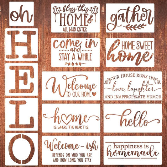 Welcome Stencils for Painting 12” Oh Hello Stencils Welcome-ish Stencil Gather Plastic Templates for Drawing on Wood/Mat/Round Door Hanger