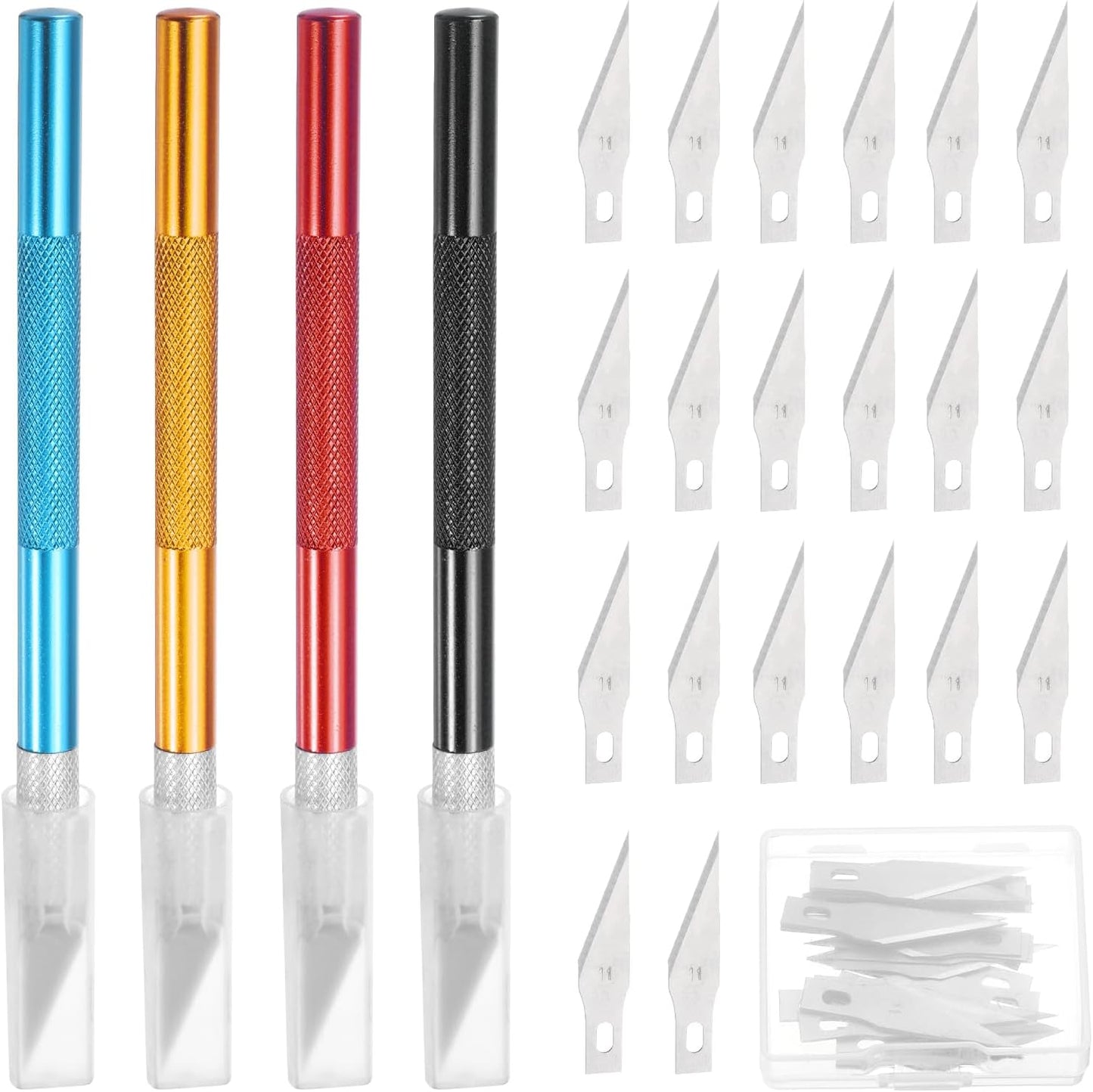 MECCANIXITY 4 Pcs Exacto Knife, Craft Hobby Knife with 40 Exacto Blades(#11) Profession Craft Knives for Crafting, Modeling, Scrapbooking (Red, Gold, Blue, Black)