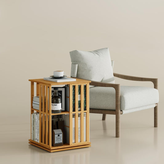 YOWOS Rotating Bookshelf Tower, 360 Display Spinning Bookcase, Bamboo Bookshelf Floor Standing Storage Rack, Wood Narrow Book Shelf Organizer for Kids&Adults (Nature, 2 Tier)