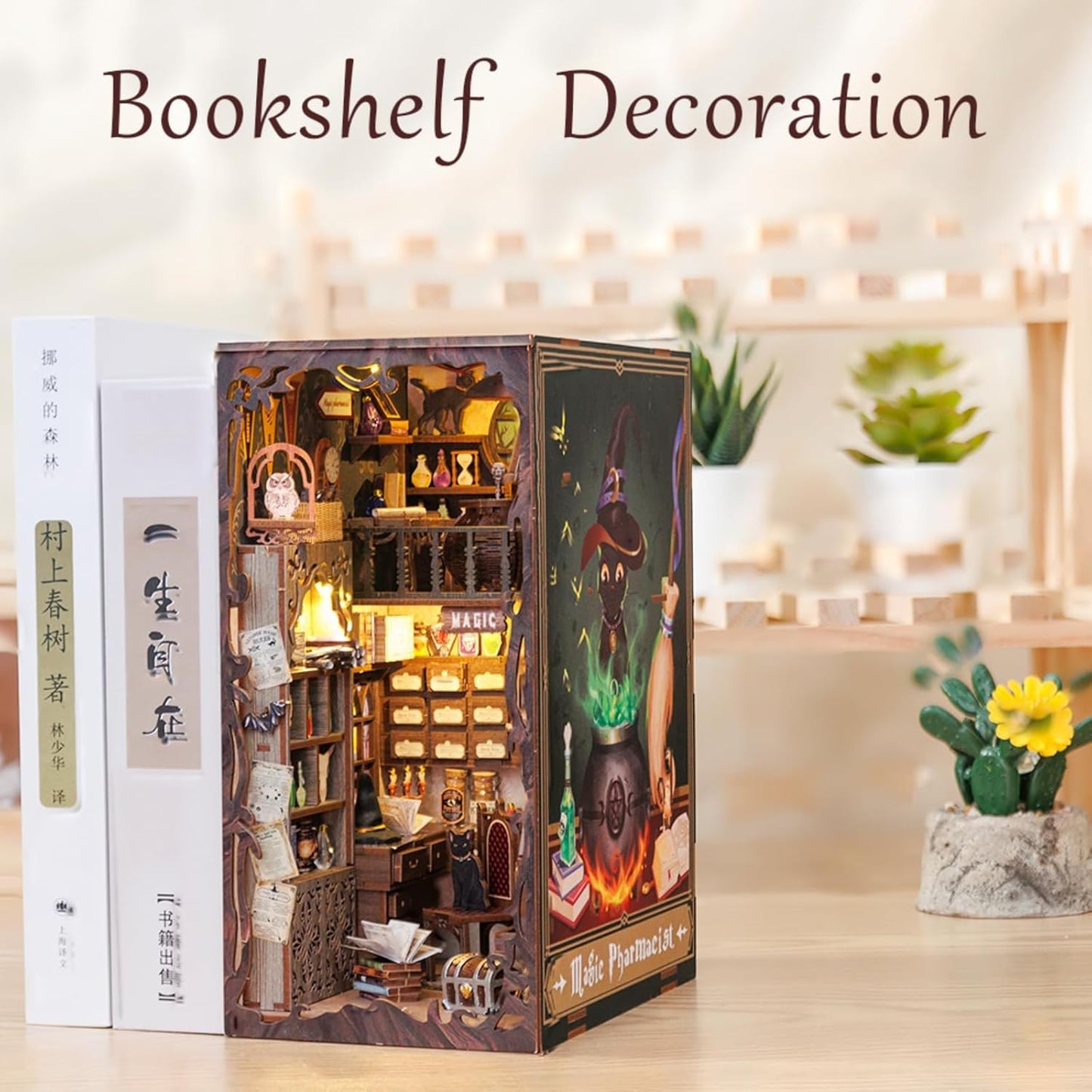 Fsolis Book Nook Kit, DIY Miniature House Kit 3D Wooden Puzzle Craft Kit for Adults Decorative Bookend Bookshelf Decor Gifts for Women Teens Book Lovers(Magic Pharmacist)