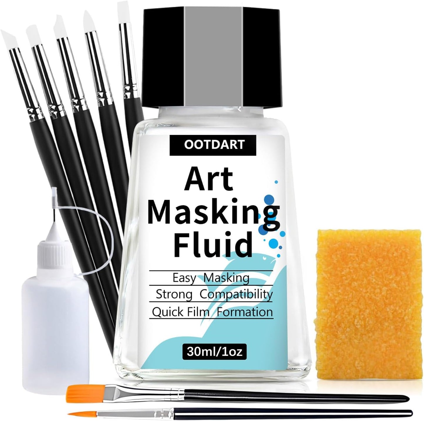 Watercolor Masking Fluid, Liquid Masking for Painting Watercolor Accessories with Silicone Pen Cleaning Brush Retouching and Covering for Painting and Various Art Projects Supplies,White 30ml