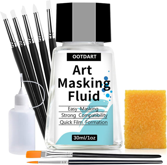 Watercolor Masking Fluid, Liquid Masking for Painting Watercolor Accessories with Silicone Pen Cleaning Brush Retouching and Covering for Painting and Various Art Projects Supplies,White 30ml