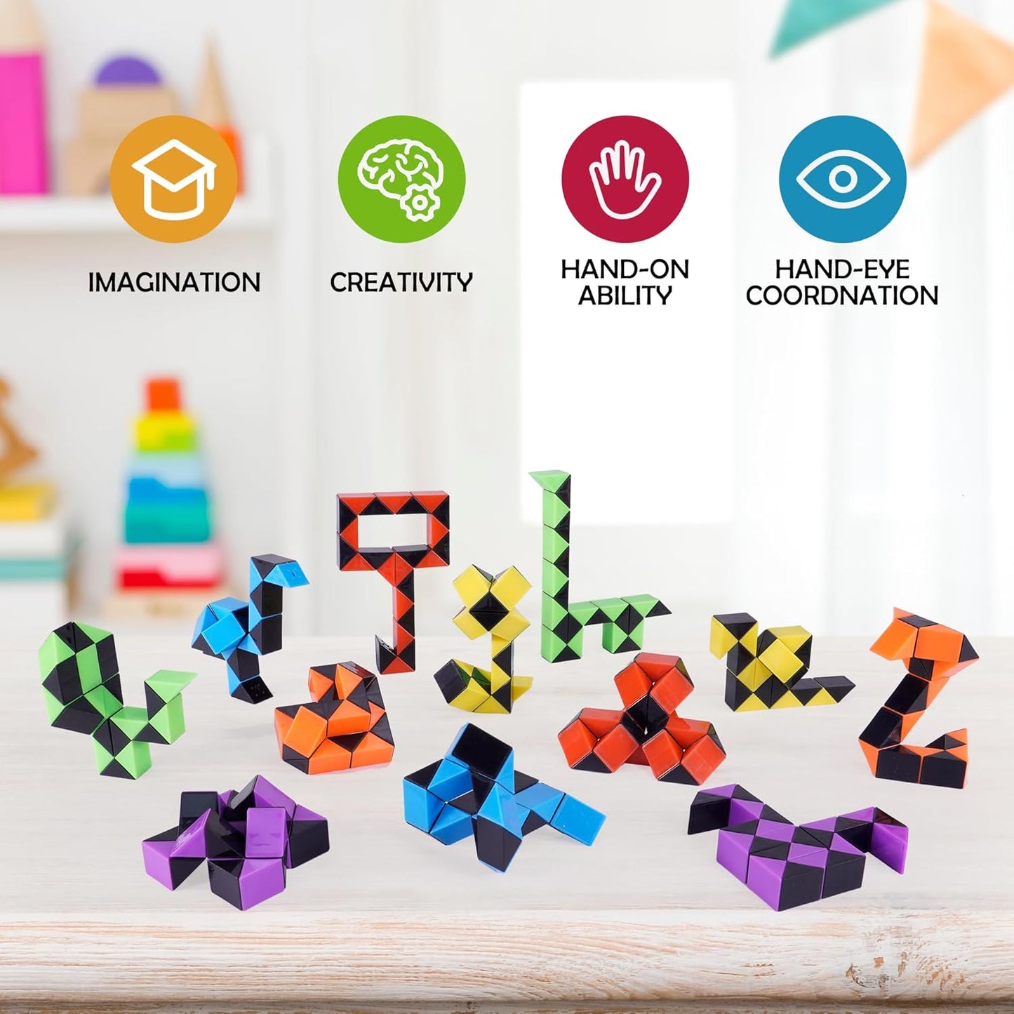 Ganowo 18 Pack Fidget Snake Cube Mini Twist Puzzle for Kids Stocking Stuffer, Birthday Party Favors, Goodie Bags Fillers, Classroom Rewards, Black