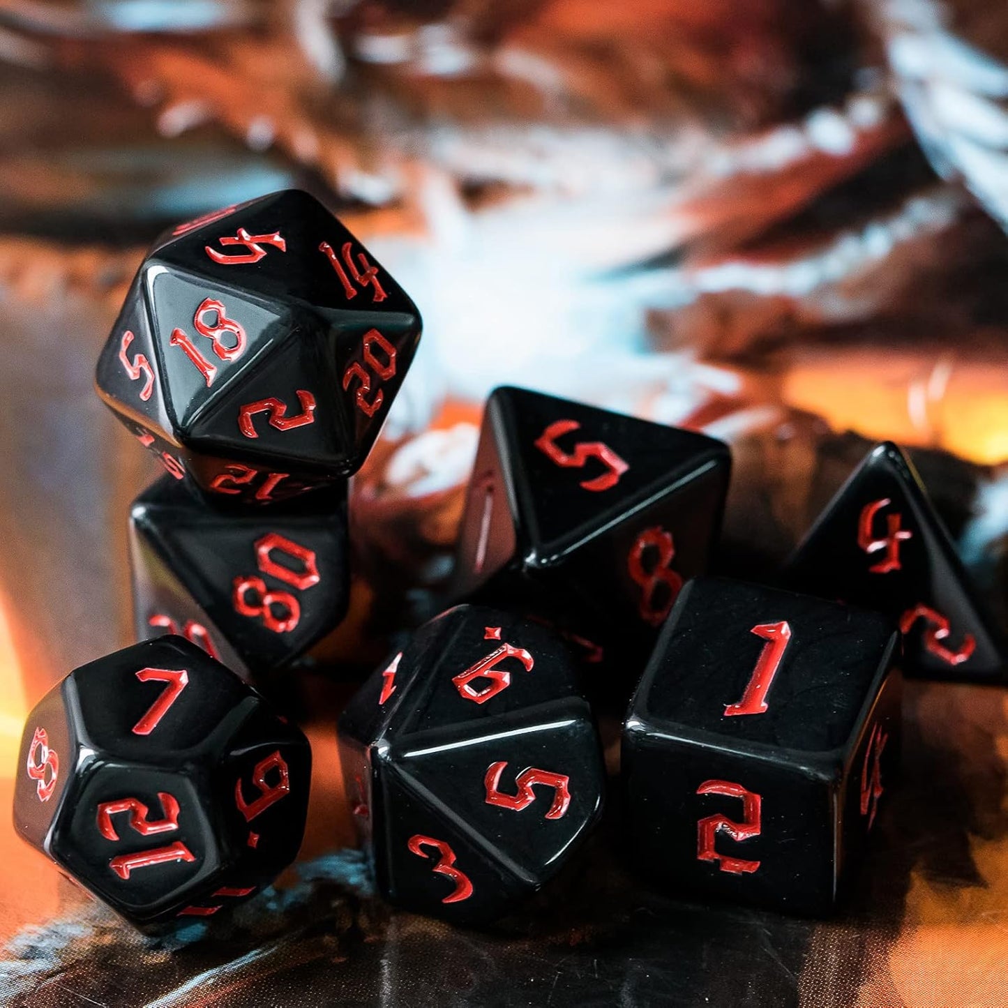 7-Die Polyhedral DND Dice Set, Black D&D Dice with Leather Pouch for Role Playing Games, Black with Red Number, D4 D6 D8 D10 D12 D20 D%