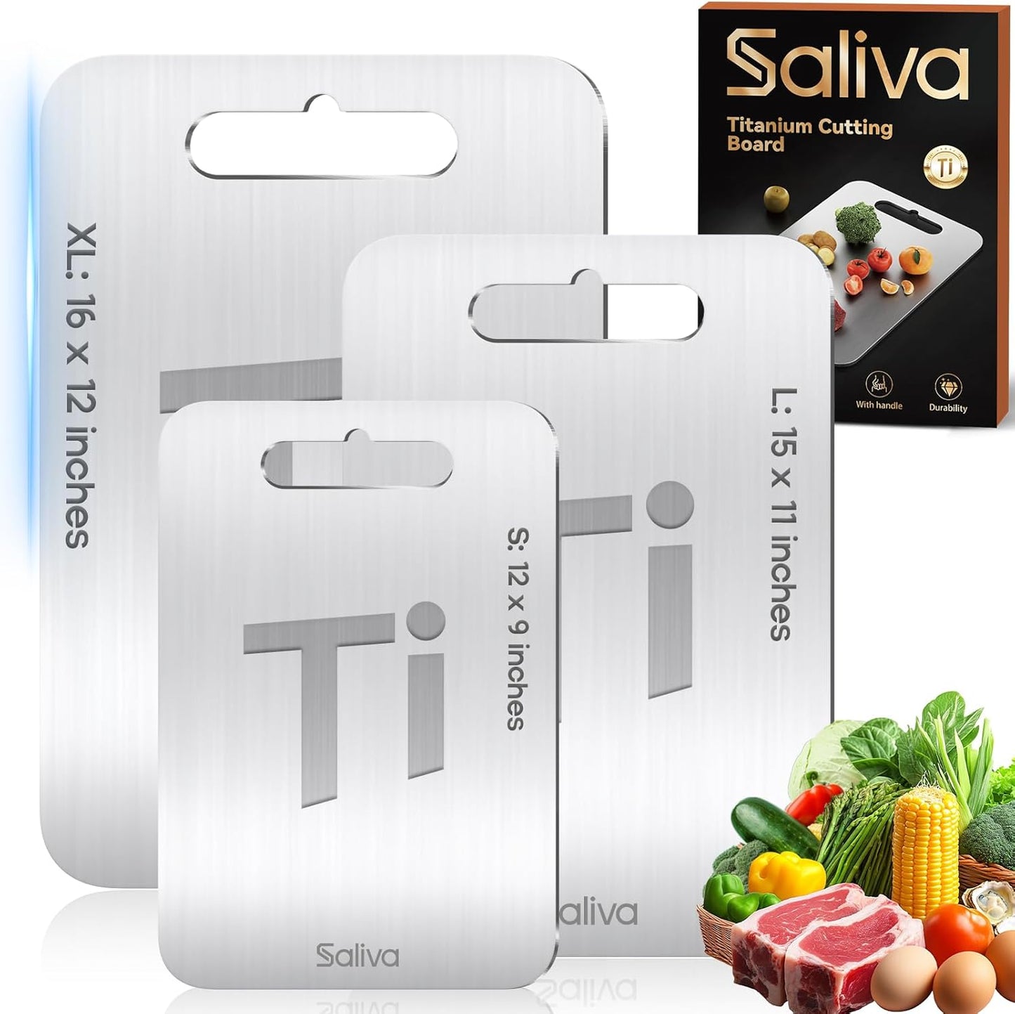 Saliva 3pcs Titanium Cutting Board for Kitchen, Titanium Cutting Boards Set of 3, Non Toxic Double Sided Food Grade, Dishwasher Safe, No Blunt Knife, Chopping Boards with Handle for Meat & Vegetable