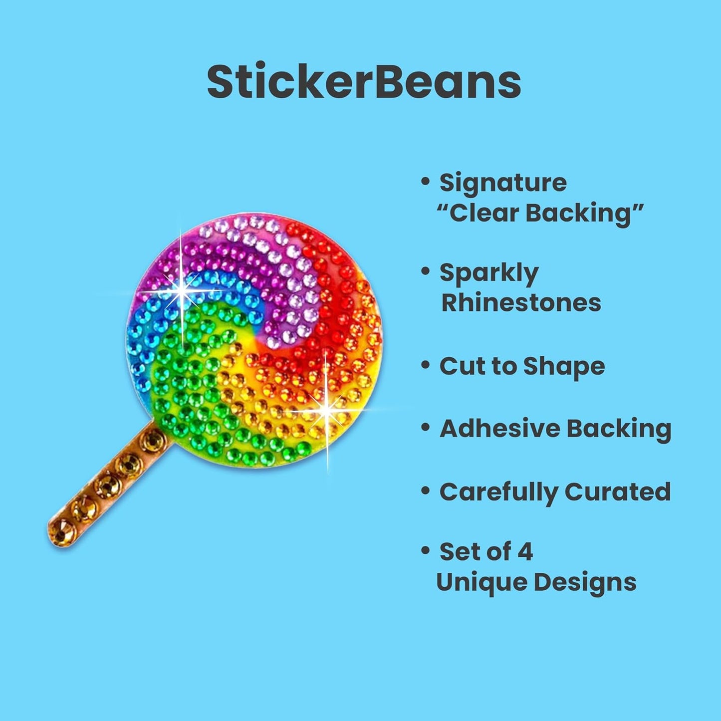 StickerBeans® Rhinestone Stickers - Sweets 4-Pack, 2” x 2” Each, Unique Sparkly Cut-to-Shape for Collecting, Trading, Decorating Laptops, Phone Cases, Scrapbooks - for Kids, Teens, & Adults
