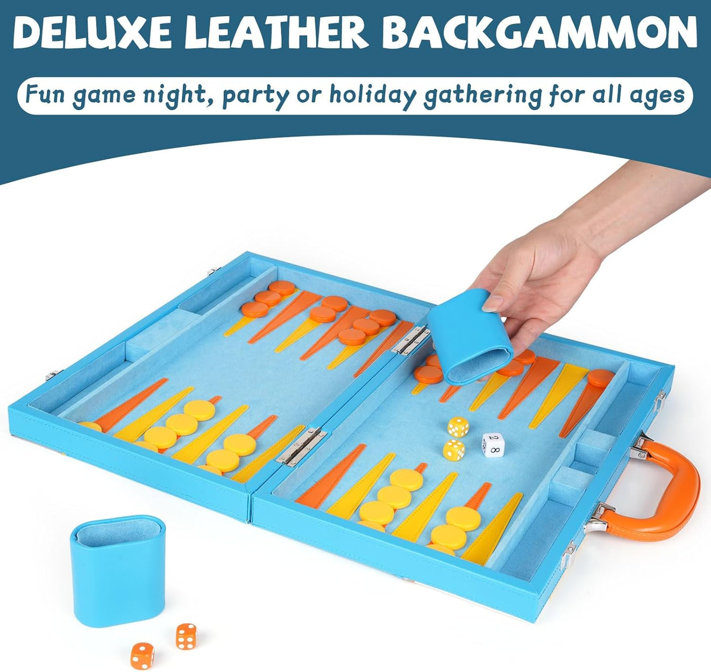 Backgammon Set, 15 Inches Classic Board Game with Leather Case, Geometric Leather Backgammon Game, Folding Portable Travel Strategy Backgammon Game Set for Adults