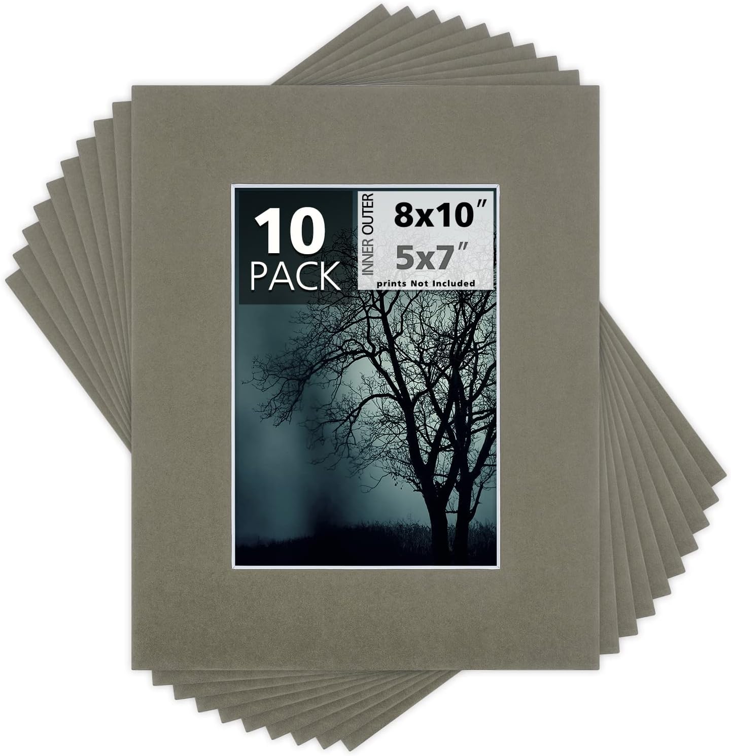Mat Board Center, Pack of 10, 8x10 for 5x7 Gray Color Mats - Bevel Cut, Acid Free, 4-ply Thickness, White Core - for Pictures, Photos, Framing