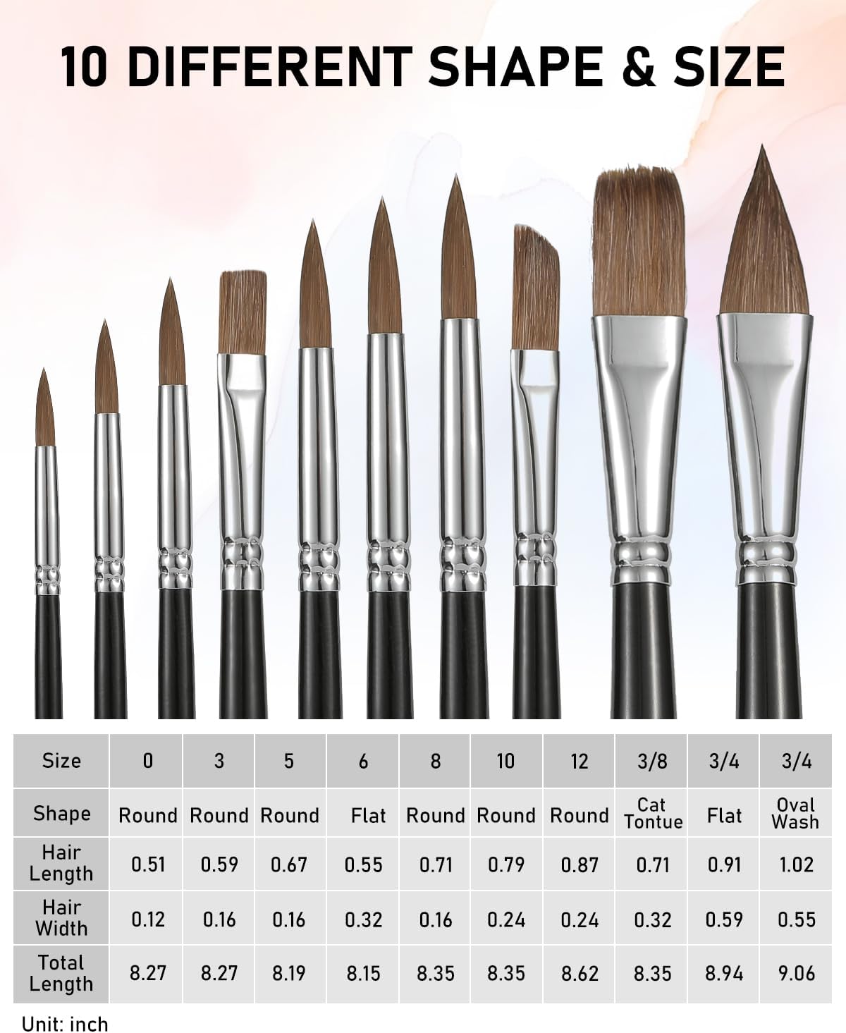 Nicpro Kolinsky Sable Watercolor Brushes, 10PCS Professional Sable Paint Brush Set with Nylon Holder for Watercolor Acrylic Gouache Inks Painting with Flat, Round Pointed, Cat's Tongue Oval Wash