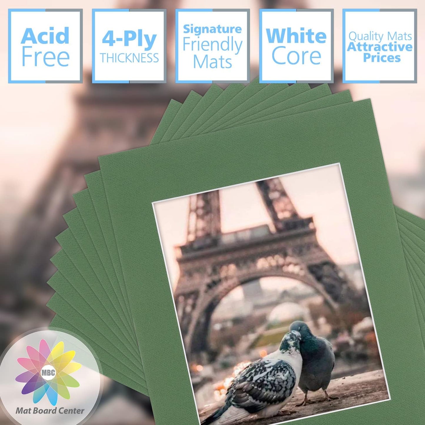 Mat Board Center, Pack of 10, 11x14 for 8x10 Basque Green Color Mats - Bevel Cut, Acid Free, 4-ply Thickness, White Core - for Pictures, Photos, Framing