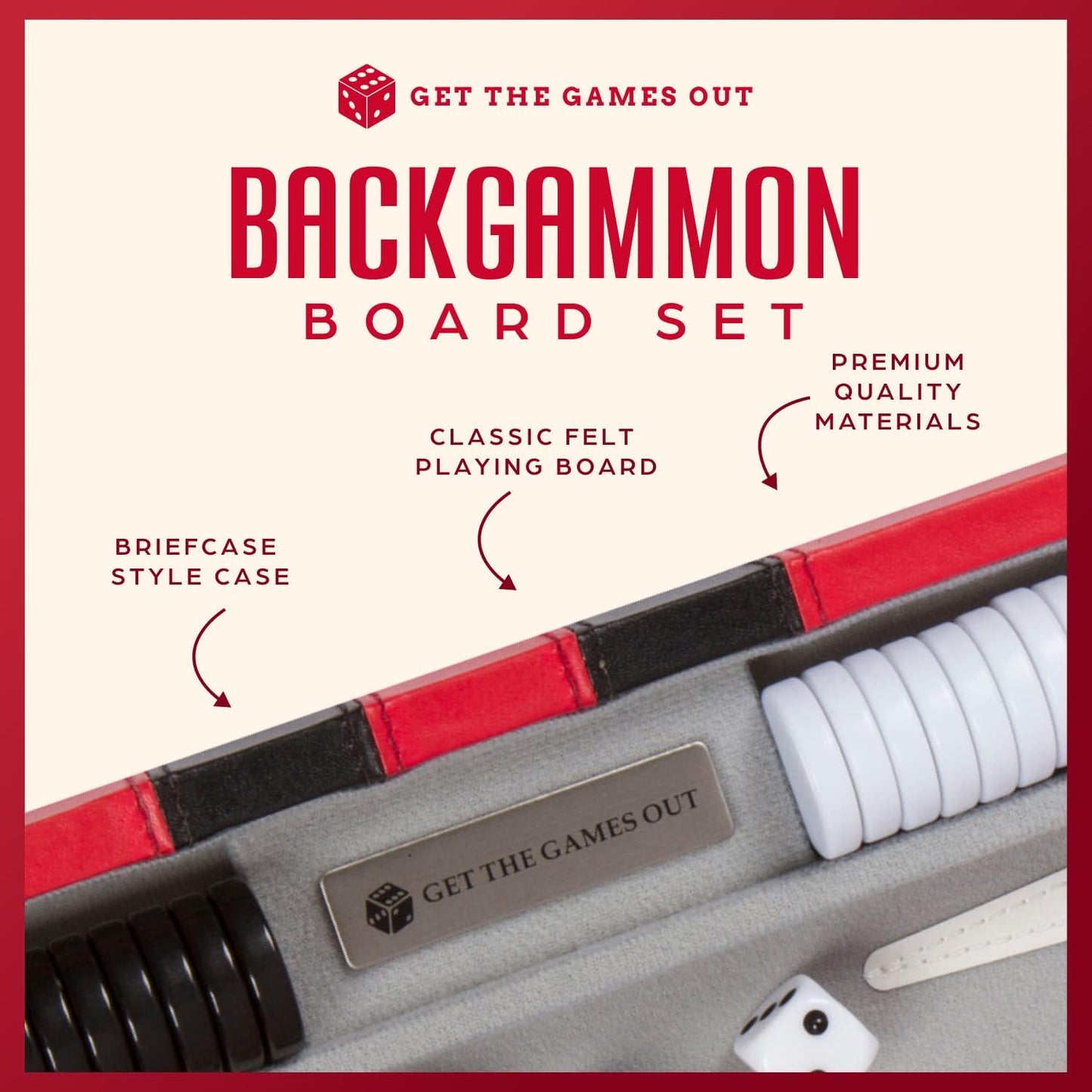 Get The Games Out Top Backgammon Set - Classic Board Game Case - Best Strategy & Tip Guide - Available in Small, Medium and Large Sizes (Red, Medium)