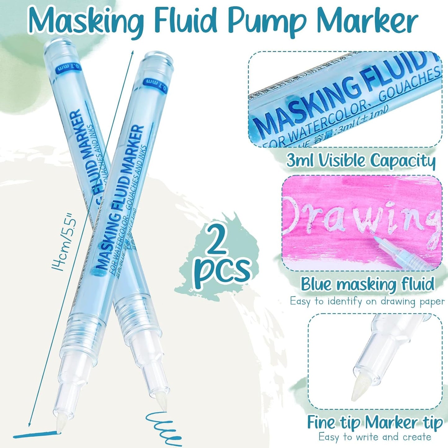 2 Pcs Masking Fluid Pen for Watercolor Painting, Capacity with Applicator Tip, Masking Fluid Marker for Various Art Projects Watercolor Ink (Blue,0.7mm)