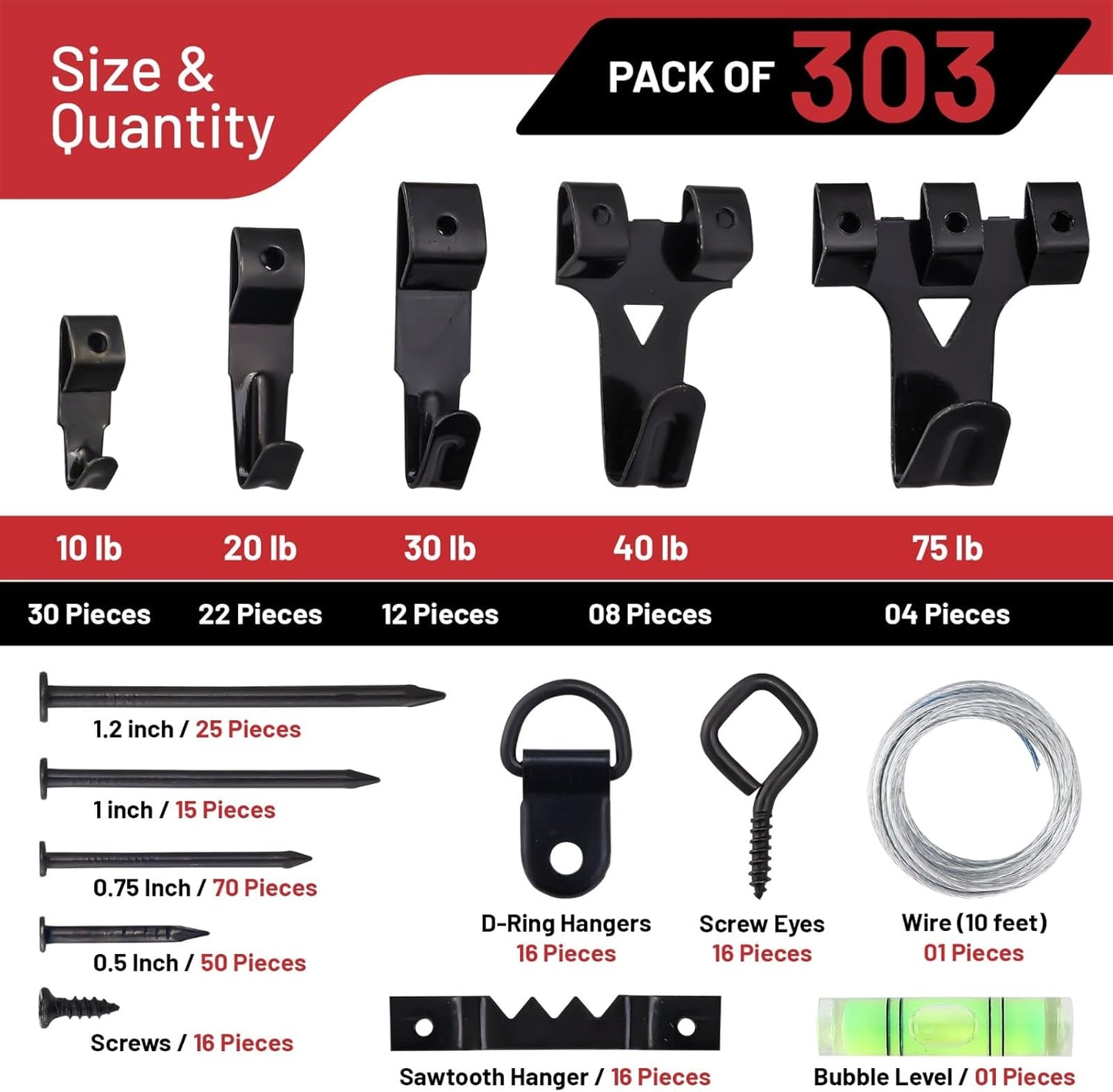 303-Piece Picture Hanging Assortment, Heavy Duty Hooks, Nails, Sawtooth, D-Rings, Wire, Level, and Metal Wall Hooks for Picture Framing and Canvas Mounting (Black)