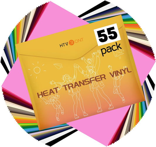 HTVRONT Heat Transfer Vinyl - 55 Pack 12" x 10" Iron on Vinyl Compatible with Cricut Cutting Machine, 44 Assorted Colors HTV Vinyl with 1 PTFE Sheet for All Cutter Machine - Easy to Cut & Weed