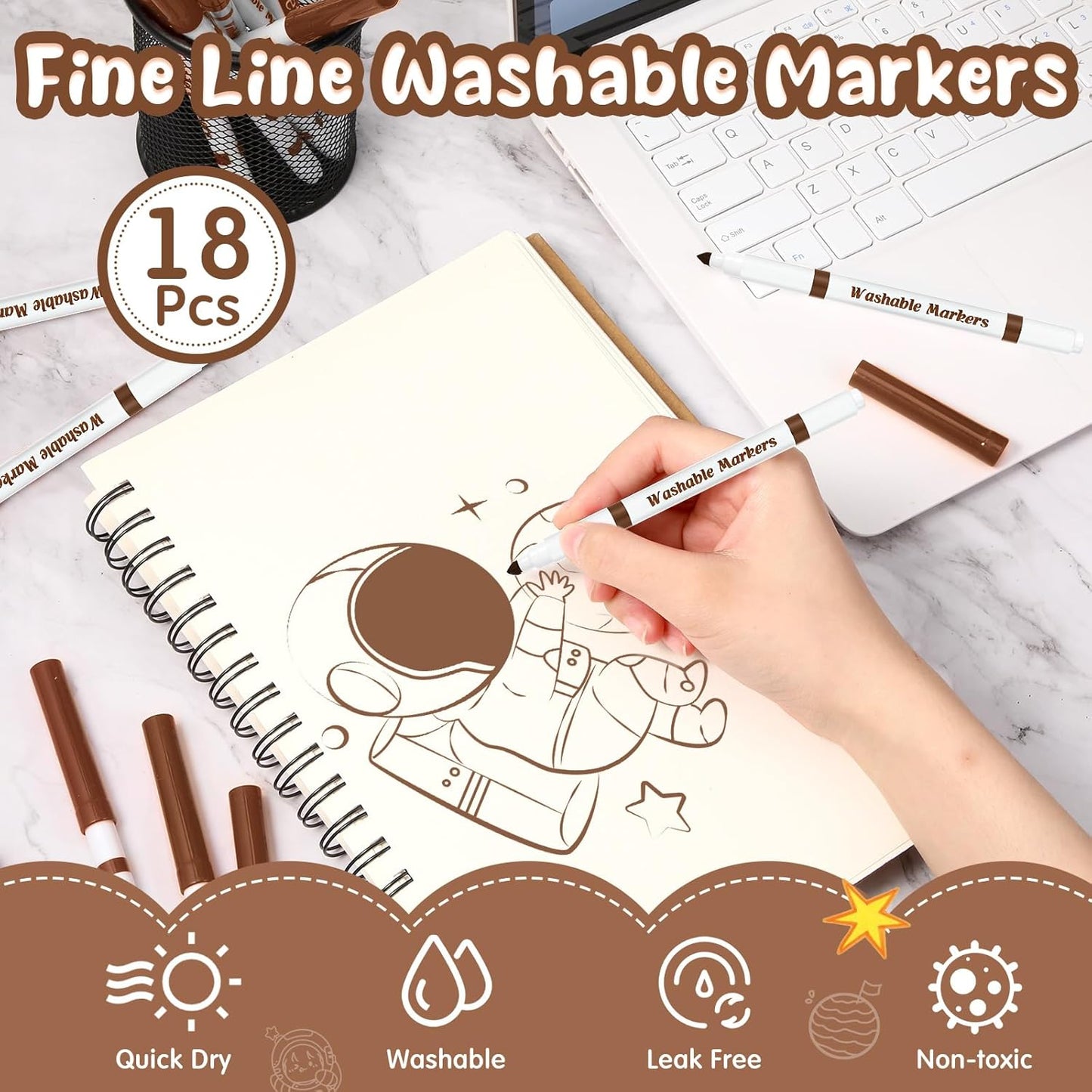 18 Pcs Line Washable Markers Bulk Brown Fine Tip Markers Set Coloring Thin Tip Drawing Washable Pen for Kids Toddler Teacher Art School Classroom Back to School Gender Reveal Party Supplies,Ages 6+