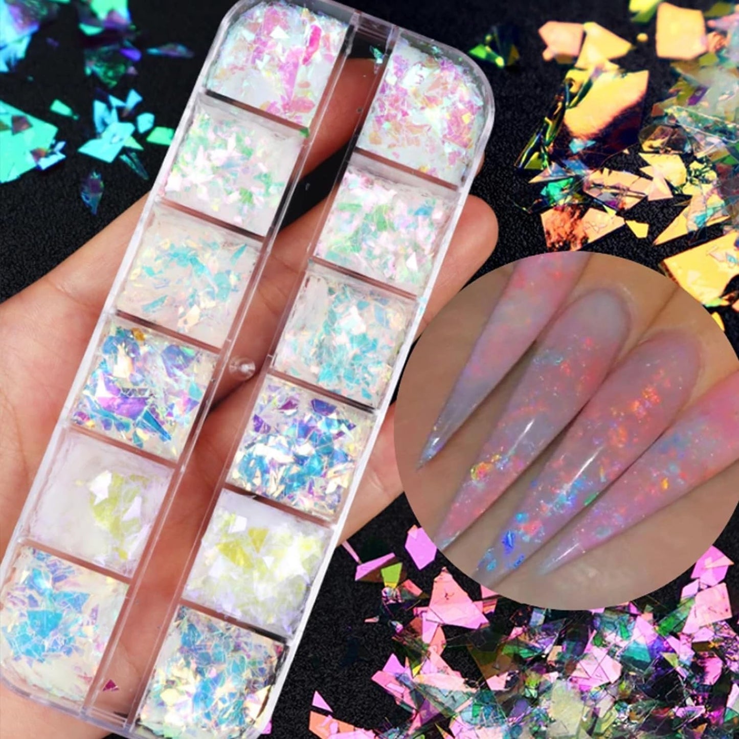12 Colors Holographic Glitter Nail Art Sequins Aurora Iridescent Nail Flakes Glitter Chameleon Flakes Irregular Ice Slag Glass Paper Ultra Thin Mermaid Nail Glitter for Nail Art Make-up DIY Decoration