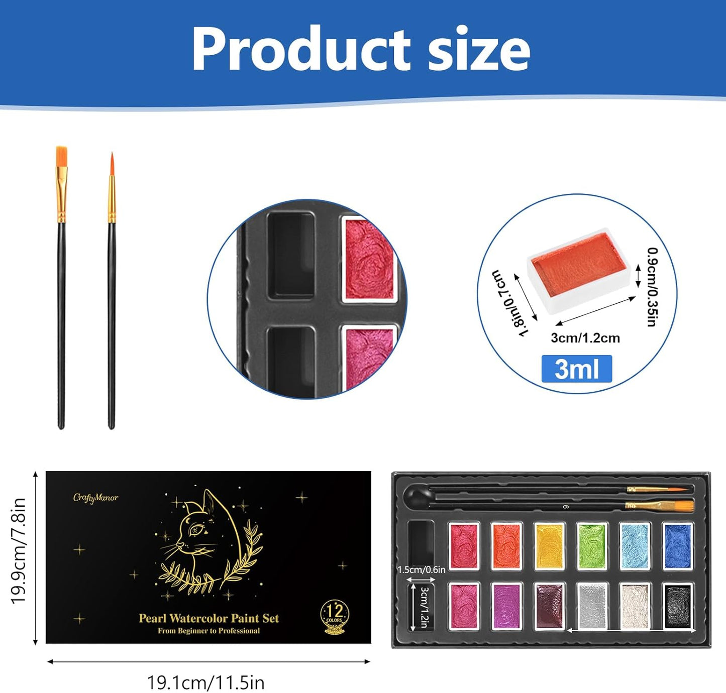 Mini Glitter Watercolor Paint Set with Paper, 12 Colors Shimmer Metallic Watercolour Painting Sets, Solid Pearl Water Color Paints for Adult, Kids(3ml 12 Colors)