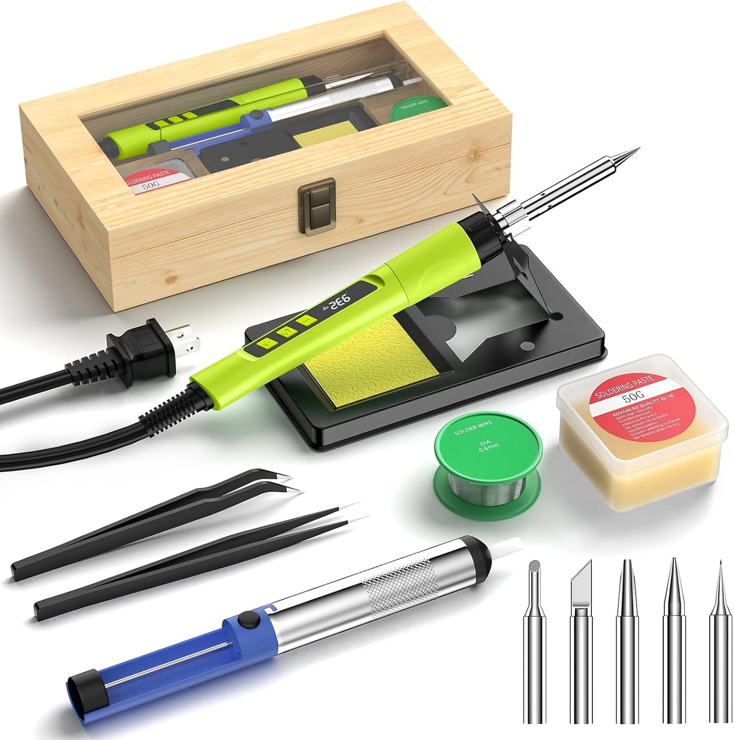 Soldering Iron Kit, 190W Soldering Gun, 110V LED Solder Kit for Electronics, Adjustable Temperature 356-932℉, Includes Solder Wire, Sucker, Tips, Stand, Tweezers, Paste and Solid Wood Box, Green