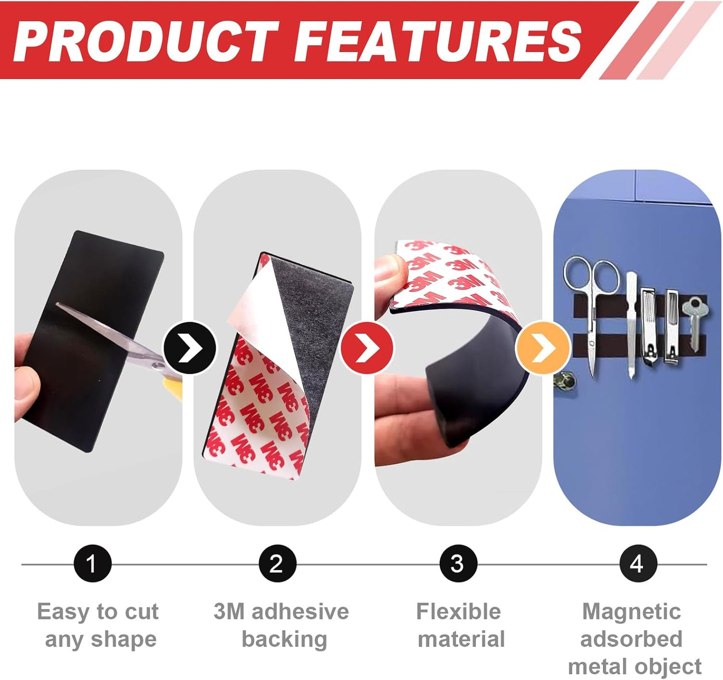 Thaibear Magnetic Strip, Flexible Magnetic Tape with Adhesive Backing (16 Pack, 3" x 1") Strong Adhesive Magnetic Strips for DIY, Crafts, Fridge - Sticky Magnet Tape Strip for Wall