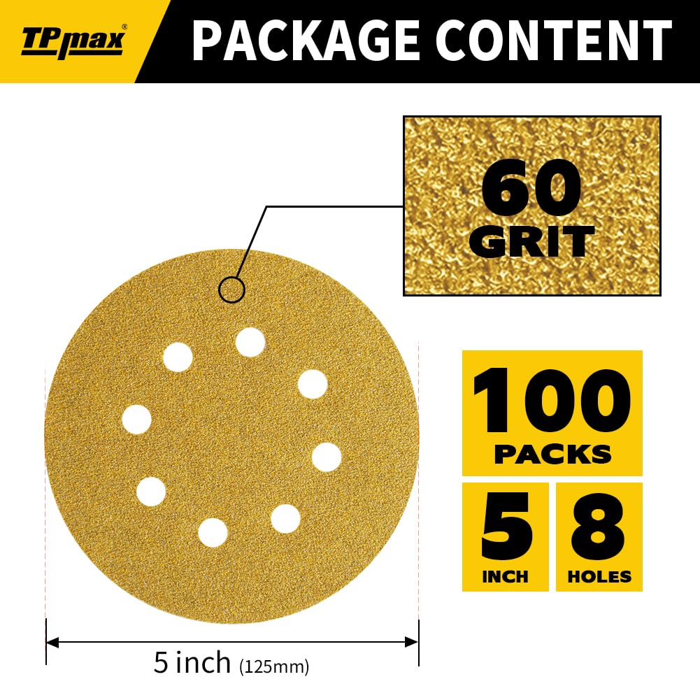 100PCS 5 Inch 60 Grit 125mm 8 Hole Sanding Discs Sandpaper - Premium Gold Round Hook and Loop for Random Orbital Sander - Ideal for Wood, Metal, Automotive