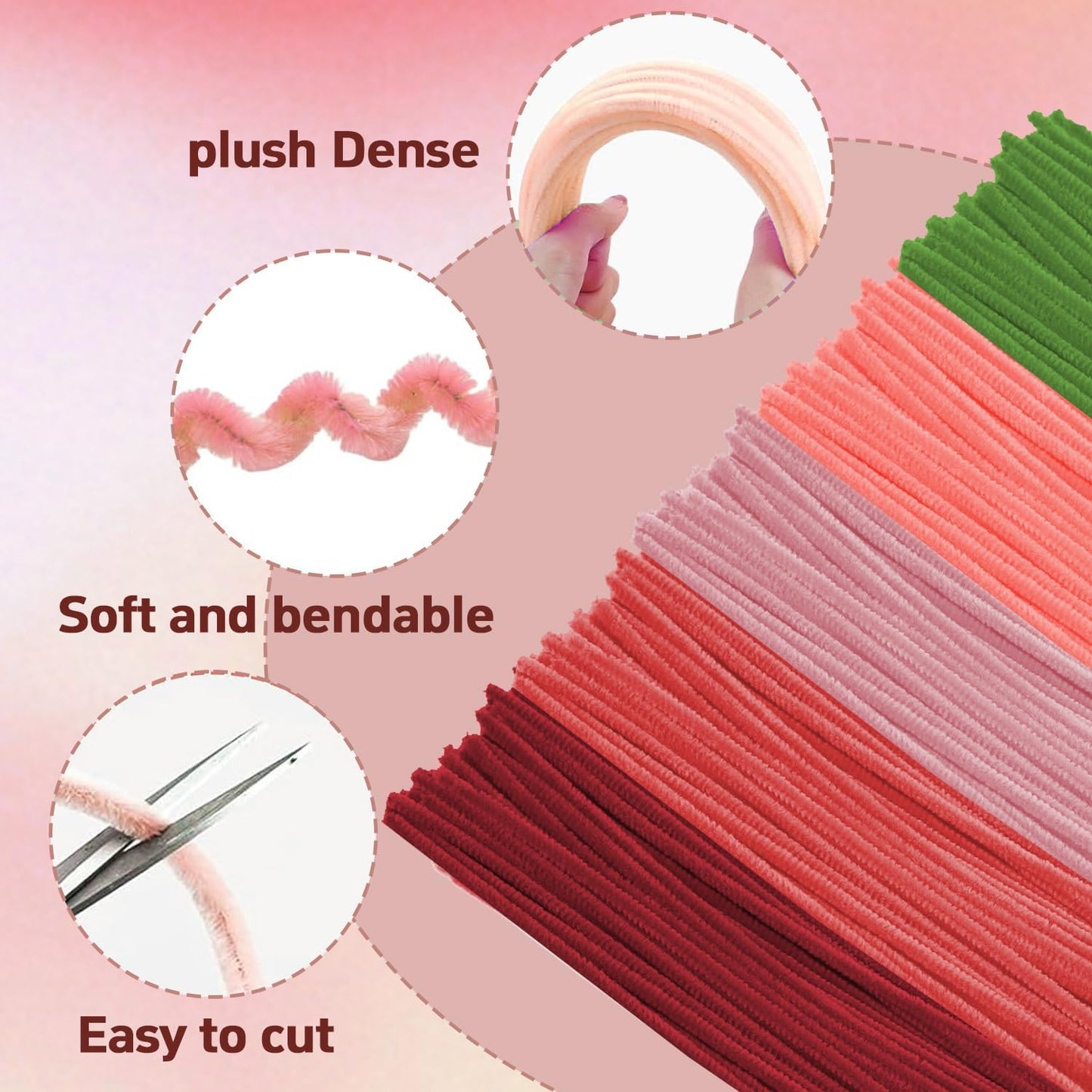 500 Pcs Pipe Cleaners Craft，5 Colors Pipe Cleaners Bulk,Chenille Stems Flowers Craft kit for DIY Handmade Bouquet Wrapping Party Decorations whit Ribbons，Stems,Tape，Stamens, Glue Sticks (Red)