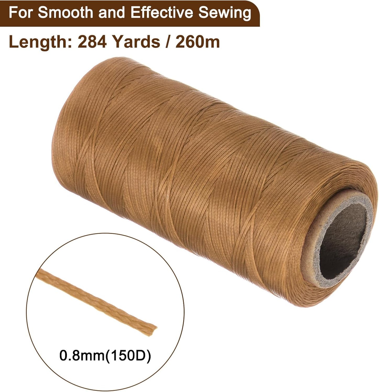 uxcell Leather Sewing Waxed Thread, 284 Yards / 260m 0.8mm 150D Flat Polyester All-Purpose Threads for Leather Crafts, Bookbinding, Golden Brown