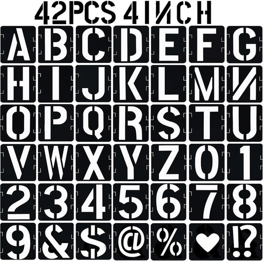 4 in Alphabet Number Stencils for Painting, 42 Pcs Reusable Letter Stencils for DIY Project Art Craft Spray Painting Templates Interlocking Stencil Kits for Wood Signs, Wall Art