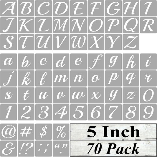 5 Inch Alphabet Letter Stencils for Painting - 70 Pack Letter and Number Stencil Templates with Signs for Painting on Wood, Reusable Cursive Letters Stencils for Chalkboard Wood Signs & Wall Art
