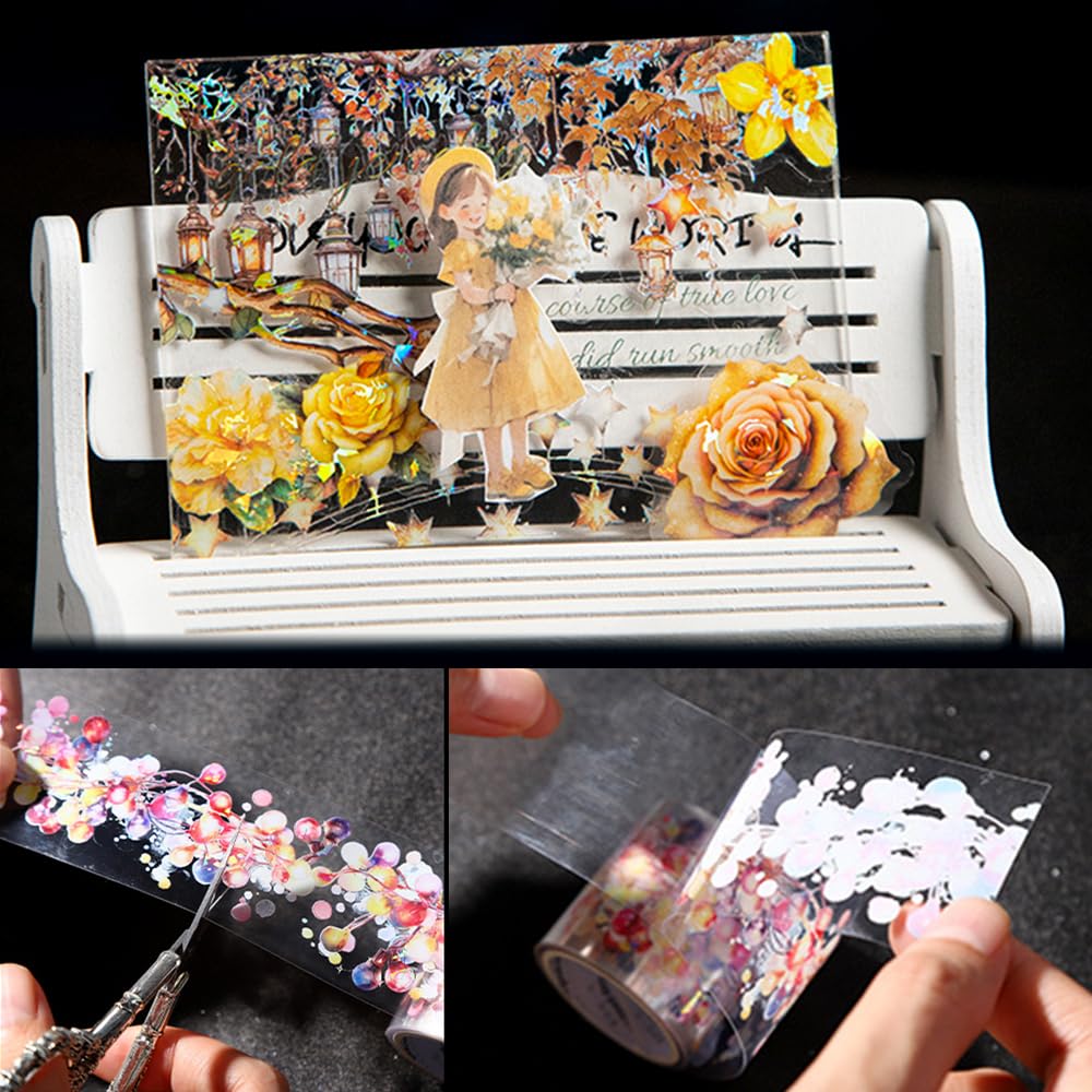 6 Rolls Holographic PET Tape Stickers for Journaling,Romantic Lights Series Glitter Washi Tape,Self-Adhesive Vintage Washi Tape Stickers,Decorative Tape for Scrapbook Photo Album Gift Wrap DIY Crafts