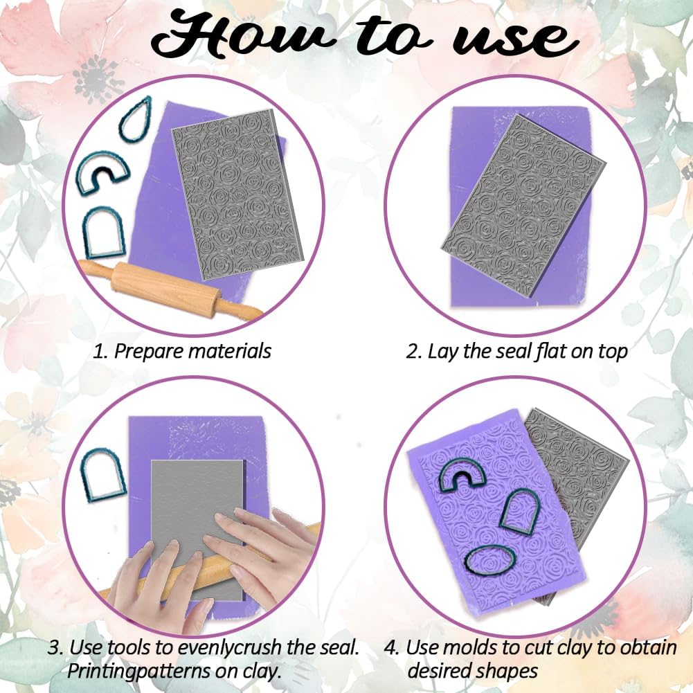 4PCS Polymer Clay Texture Sheets Set for Using with Clay Cutters, Boho Clay Texture Mats, Pottery Jewelry Making Kit DIY Creative Crafts Tools