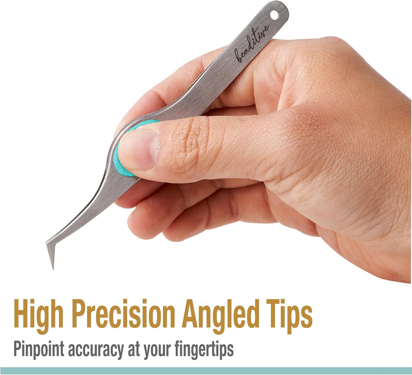 Beaditive High Precision Angled Tip Tweezers with Cushion Grip - 4.7" Craft Tweezers for Sewing, Beading & DIY Crafts - Non-Serrated Jewelry Tweezers with Fine Angled Tips - Stainless Steel (Teal)
