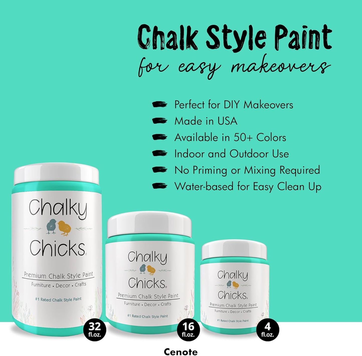 Chalky Chicks All-in-One Chalk Paint for Furniture or Cabinet - 32 Fl Oz - Matte Finish Cenote (Teal Blue) for Metal, Wood Furniture Paint - No Sanding All-in-One for Home Decor & Crafts, USA Made