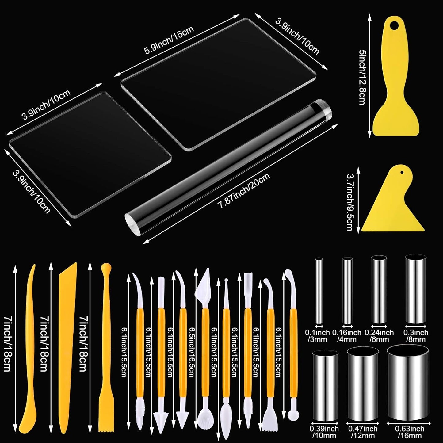 Honoson 24 Pcs Clay Sculpting Tools Kits Polymer Clay Tools DIY Set with Roller, Acrylic Sheet, Scraper Backing Board, Round Circle Shape Cutter, Shaping for Art Craft(Yellow)