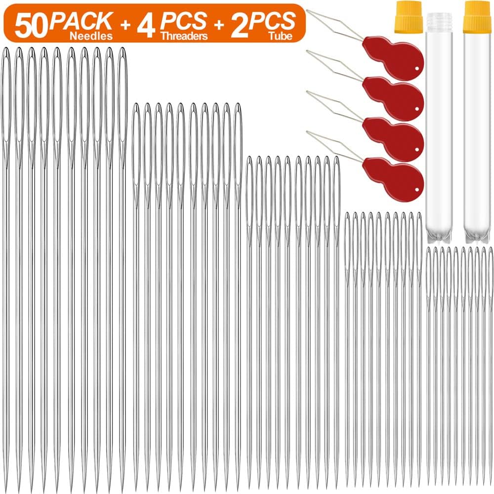 50 Pack Premium Large Eye Needles for Hand Sewing with Needle Threaders, Assorted Sizes, Embroidery Needles for Hand Sewing, Sewing Needles Large Eye, Big Eye Needle