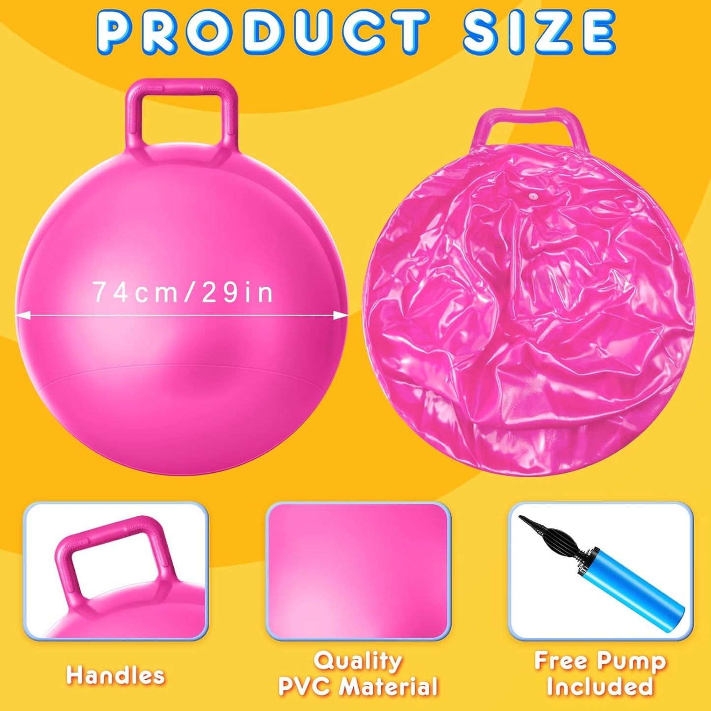Lewtemi 3 Pcs 29 Inch Bouncing Ball with Handle, Outdoors Hopper Jumping Hopping Ball and Air Pump for Sports Exercise (Light Blue, Yellow, Pink)