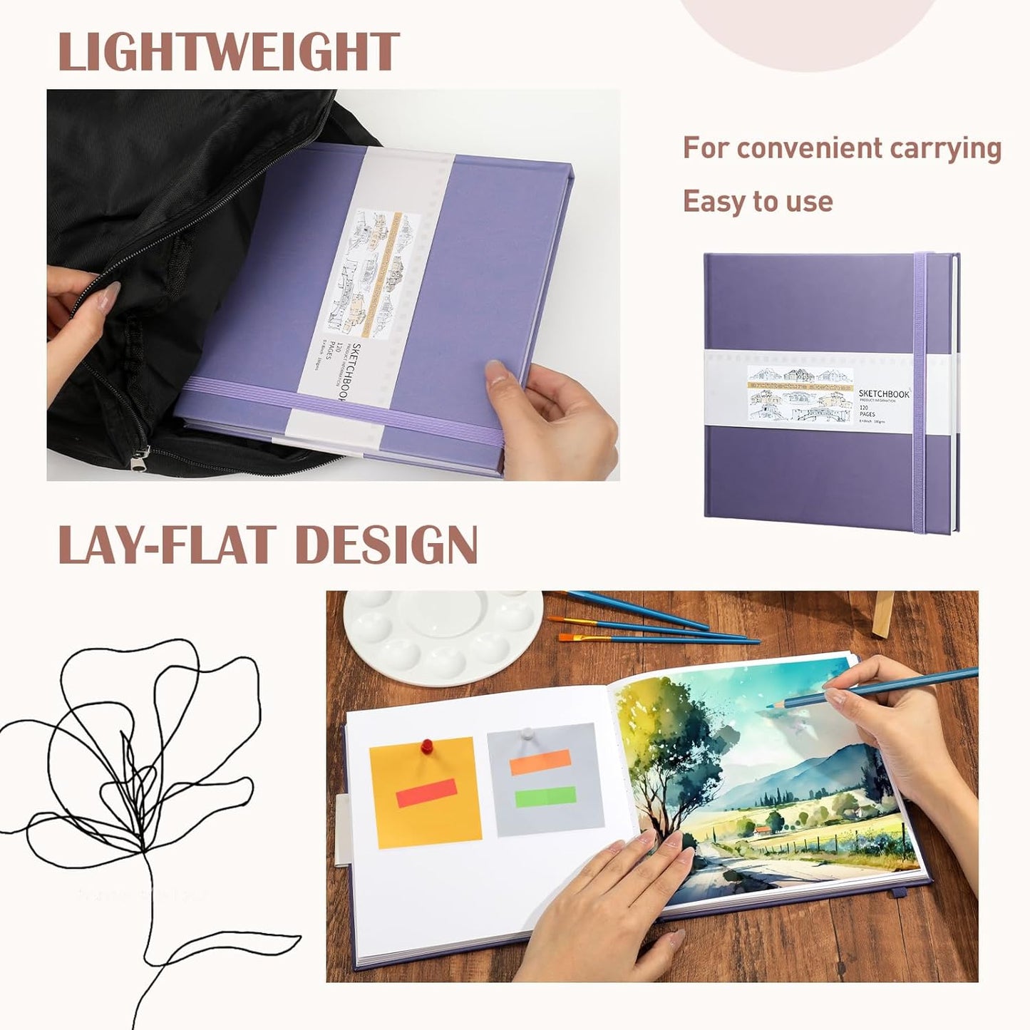 Moinchore Back to School Gifts Square Sketchbook 8 x 8 Inch Hardcover Art Sketch Book Drawing Papers 120 Pages, Mixed Media Journal Notebook with Elastic Closure Sketchbook for Drawing(Purple)